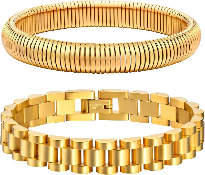 MPRAINBOW 2pcs 18K Gold Plated Chain Link Bracelet, Stainless Steel Crystal Friendship Bracelets Bangle,Watch Band Chains Wristband Jewelry with Adjust Tool - Image 1